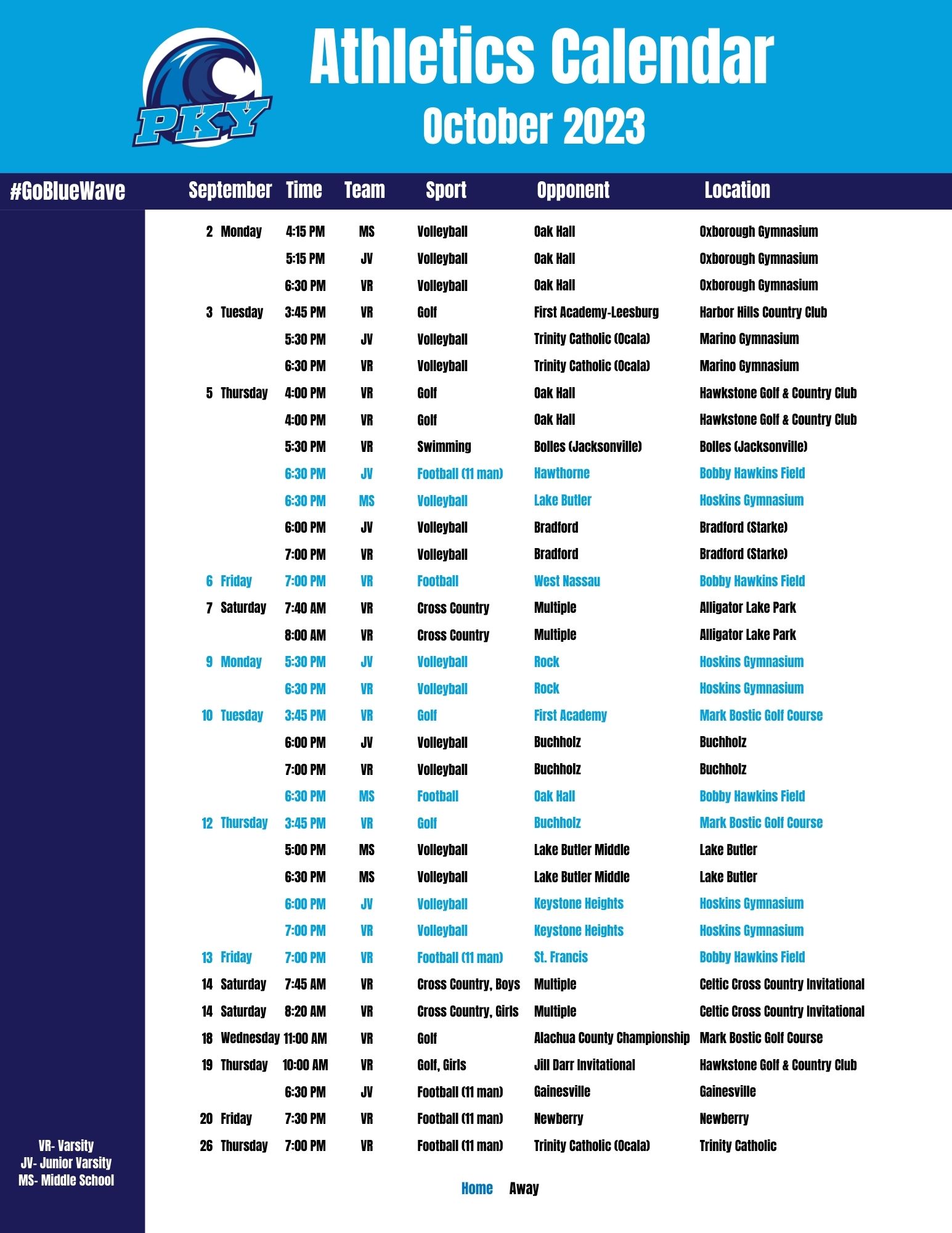 Athletics & Facilities Calendar PK Yonge